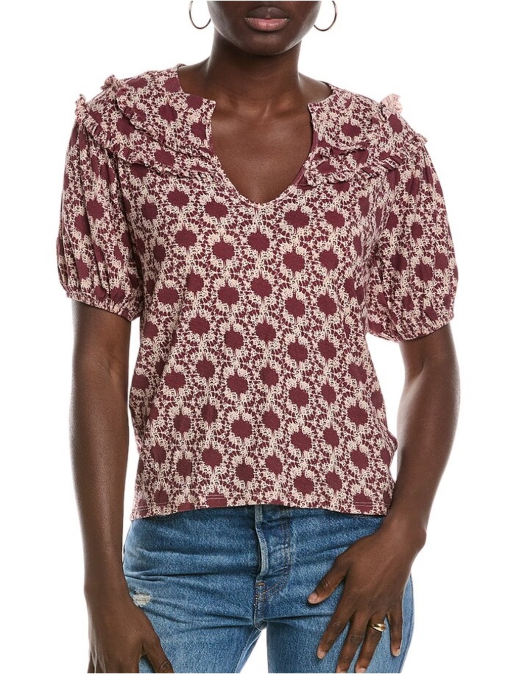 341. Nation Pima Cotton Burgundy and Cream Floral Knit Puff Sleeve Top